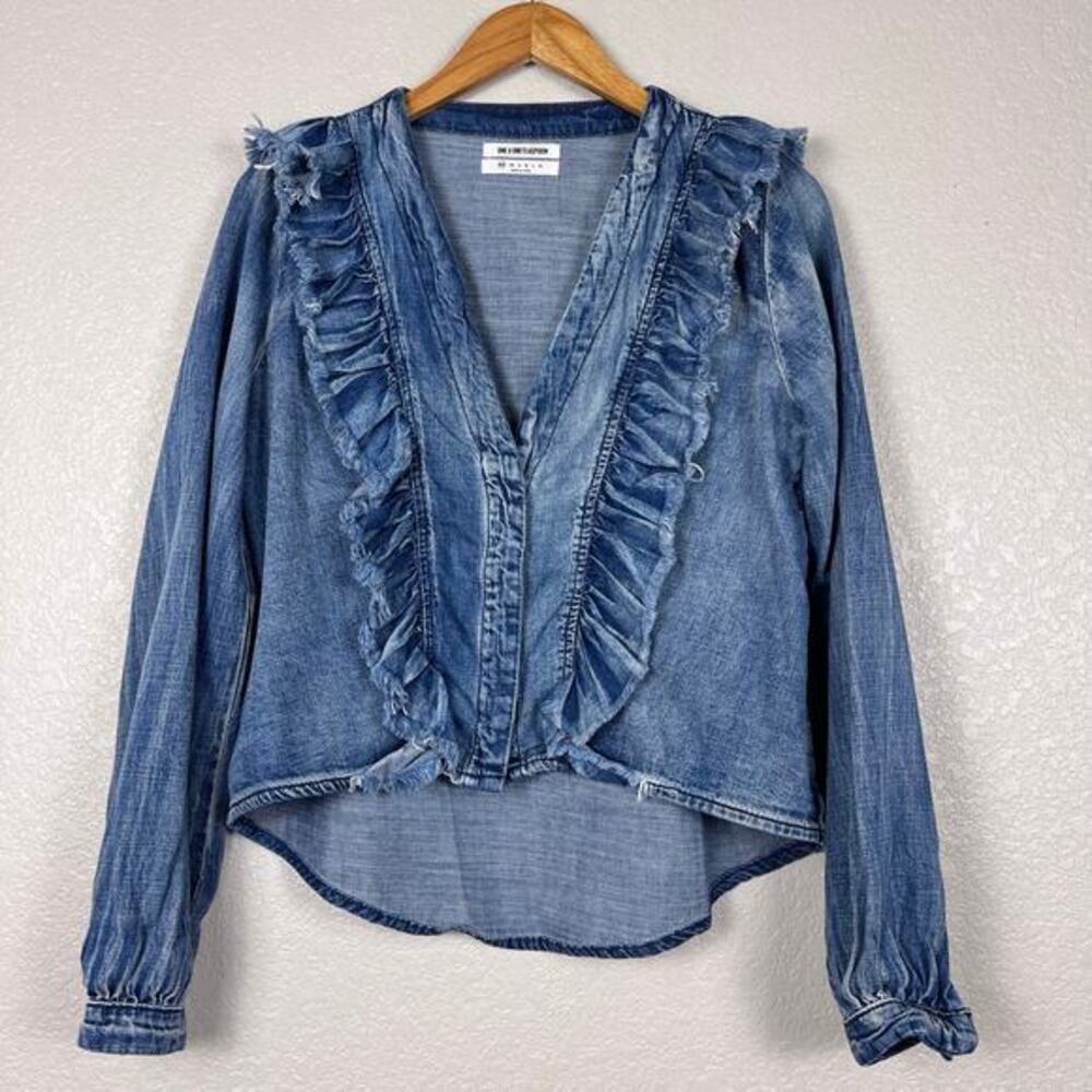 OneTeaspoon Popover‎ Top Womens XXS Blue Denim Long Sleeve Western Boho Concert